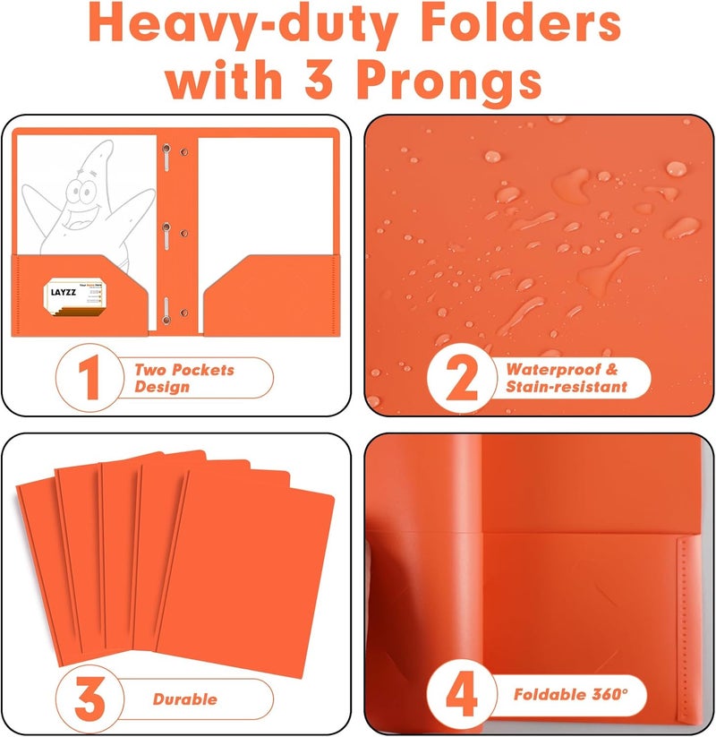 LAYZZ Plastic 2 Pocket Folders with Prongs, 30 Pack, Heavyweight, Letter Size Poly Folders with 3 Metal Prongs Fastener Clips (Orange) - Image 5